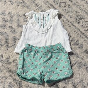 White Ruffled Top and Green Floral Shorts Set